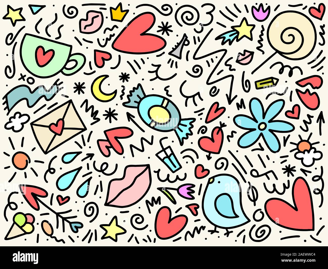 Love and date doodle colorful hand drawn pattern with bird, heart, flowers and crown. Happy Valentine`s Day illustration background Stock Vector
